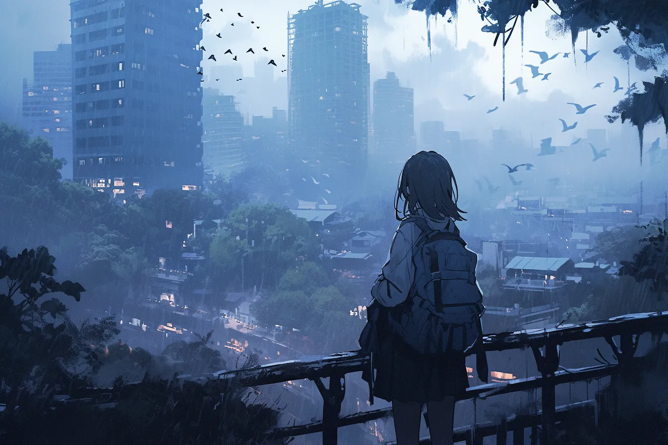 背包少女站在高处，望向蓝色城市与天空中的飞鸟